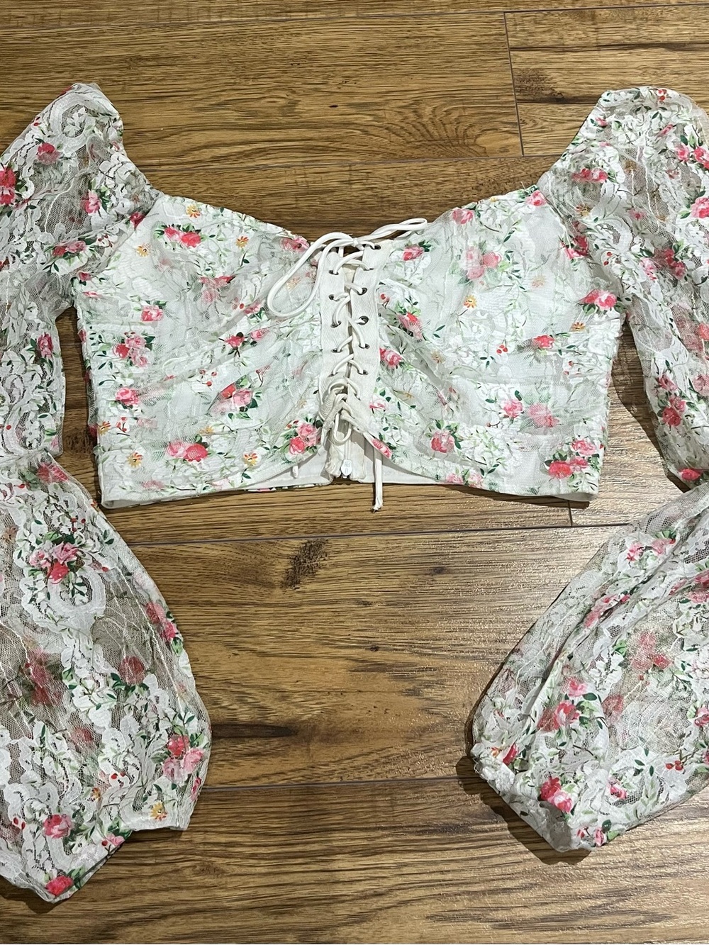 Blue Blush White Lace Floral Corset Crop Top with Pink Flowers